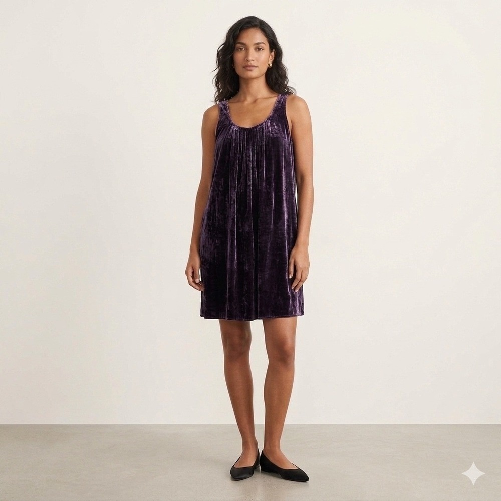 CP Shades Crushed Velvet Silk Blend Pleated Shift Dress Dark Purple Size XS